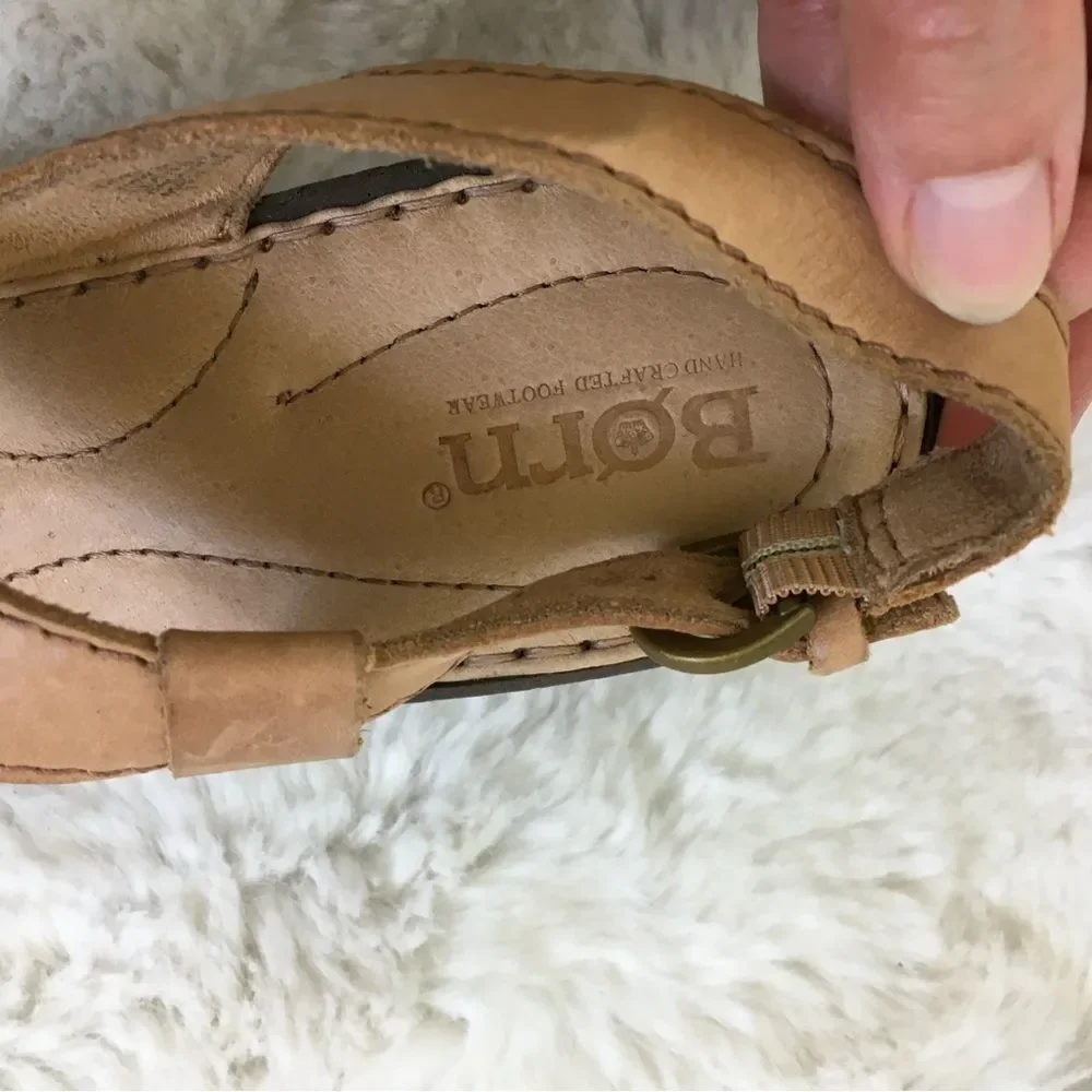 Born Women's Tan Leather Strappy Open Toe Wedge Sandals Size 9M